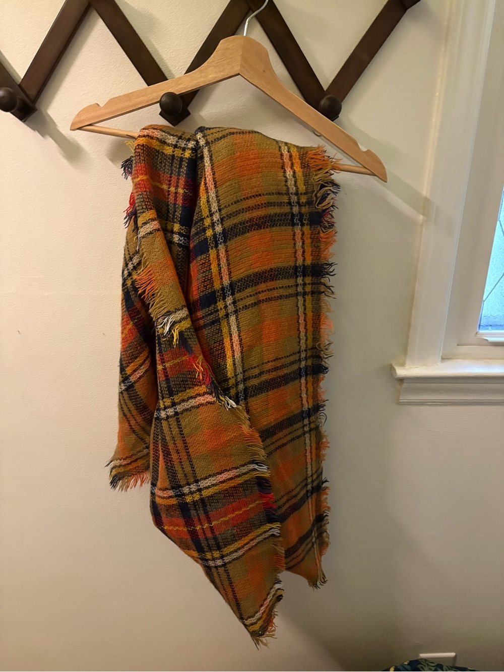 Cozy Plaid Fringed Wrap Scarf in Mustard Orange